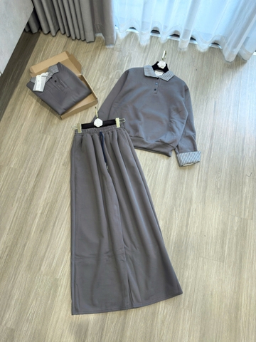 SET736-Bộ nỉ dài tay phối quần suông màu xám chất nỉ dày dặn