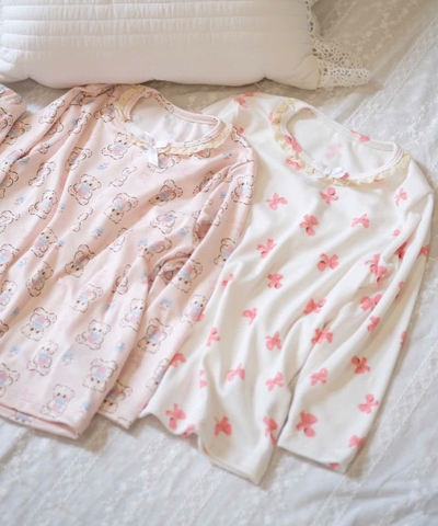 CB166-(8-26kg) Combo 2 bộ thun tăm dài tay bé gái nơ hồng VNXK