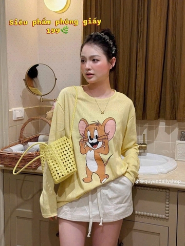 A700- Áo thun giấy màu nâu-vàng Chuột JERRY dáng dài