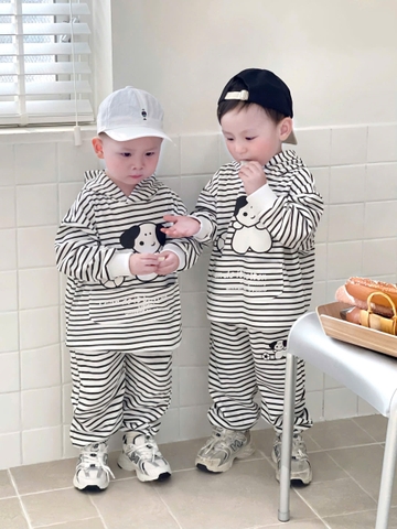 BT721- Bộ nỉ kẻ đen trắng Cún cho bé