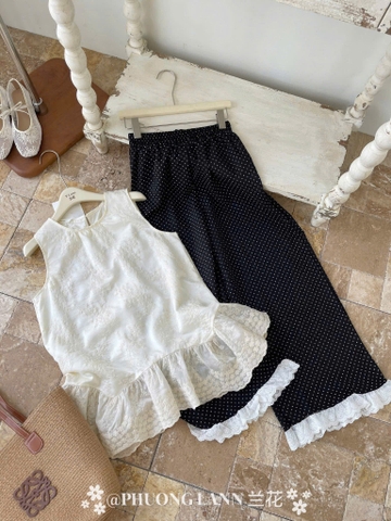 SET953-Set áo ren be mix quần suông bi đen chân ren