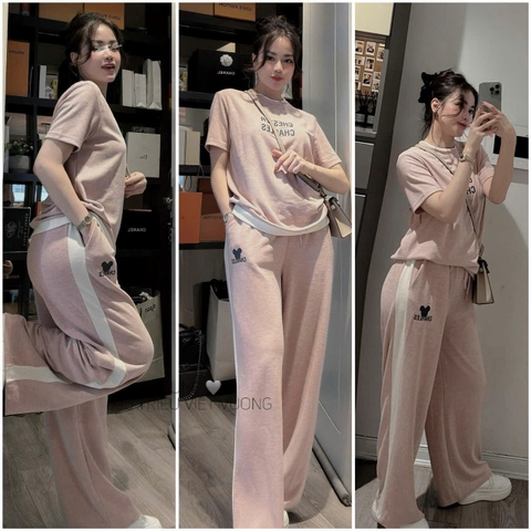 SET479-SEt bộ tăm nhung màu hồng chữ in phối viền trắng quần suông