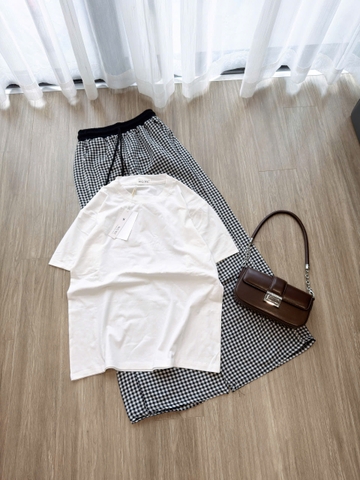 SeT977- Set áo thun trắng suông phối quần kẻ hàng Quảng Châu