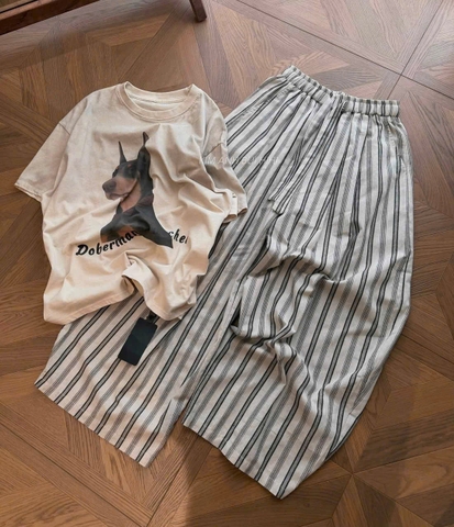 SET1026- Set áo cotton CÚN NÂU mix quần suông kẻ