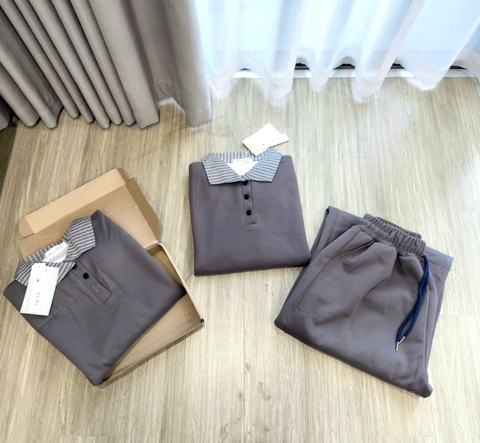 SET736-Bộ nỉ dài tay phối quần suông màu xám chất nỉ dày dặn