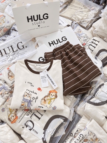 SET1078- Bộ mặc nhà díp lông áo in hình phối quần suông kẻ nâu