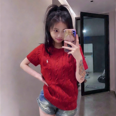 A489-Áo len cộc tay màu đỏ Hot Hit mẫu mới 2026 hàng nhà máy đủ tem