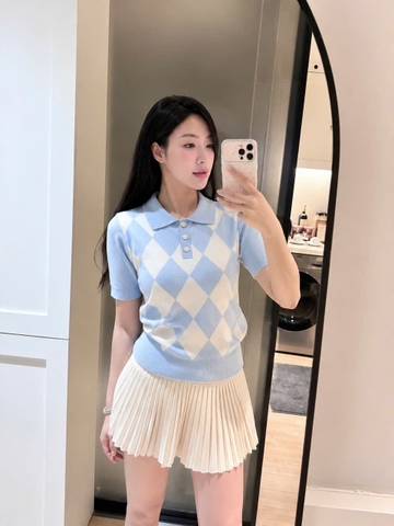A704- Áo len cộc kẻ trám xanh full tem loại đẹp