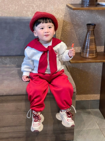 Bt702- Bộ nỉ haida ALO kèm khăn 2 màu màu đỏ kẻ