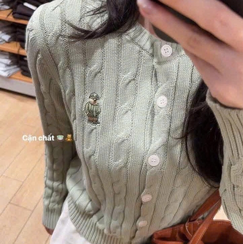 A734- Áo len Cadigan thừng xanh mint có thêu cổ tron
