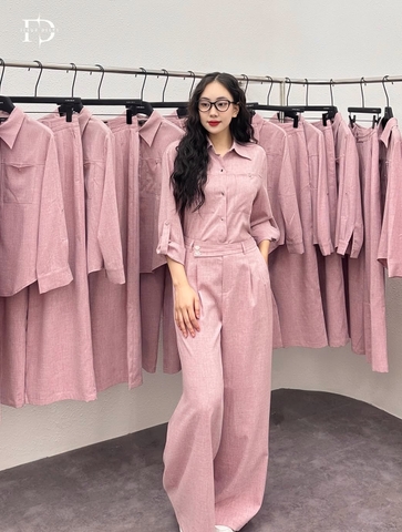 Set792- Set áo công sở cổ đức phối quần suông hồng