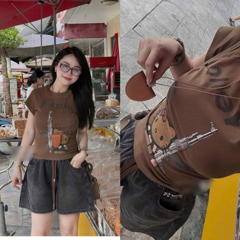 Set688- Set áo thun nâu hello mix quần short jeans