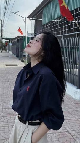 A247-Áo somi thô xanh than thêu ngực