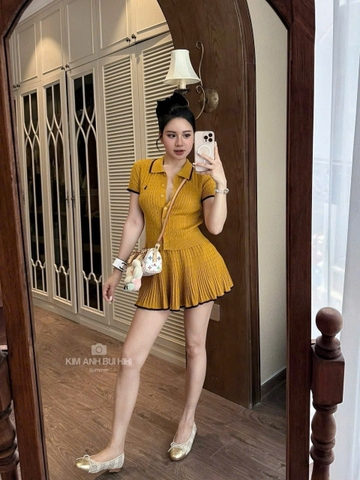 SET720-Set áo len cộc thêu phối chân váy xoè thể thao 2 màu vàng trắng