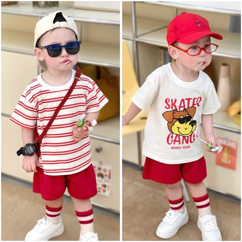 BT441- Bộ 2 áo cotton kẻ đỏ mix quần kaki đỏ