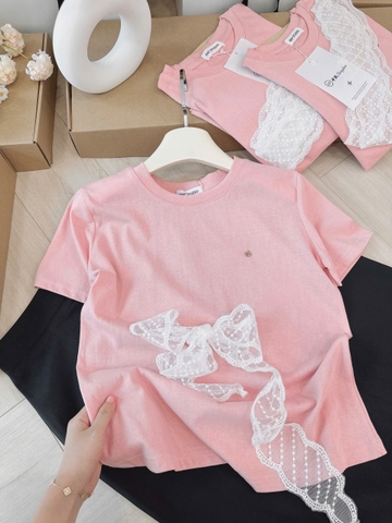 Set763- Set áo thun xước hồng phối chân váy midi đen Tặng kèm nơ ren