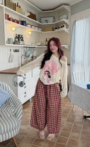 set1032- Set áo thun oversize phối quần bom kẻ đỏ