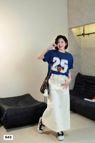 CV010- CHân váy jeans trắng gạo dáng dài 90cm nhà máy full tem