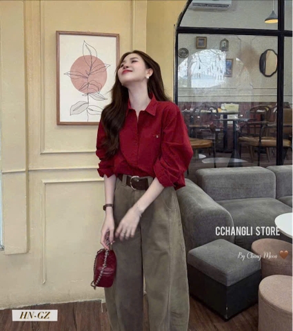 A523-Áo sơ mi trơn đỏ đô vải đũi mềm