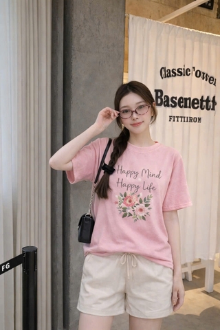 Set882-SEt áo thun hoa phối quần short nâu