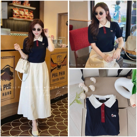 SET748- Set áo len cộc tay dệt kim phối chân váy midi trắng ngà