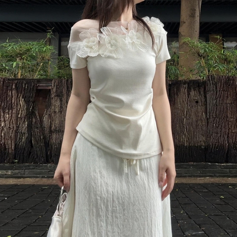 SET738- Set áo tăm đính hoa thủ công phối chân váy trắng 2 lớp