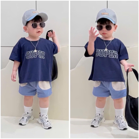 BT459- Bộ super xanh biển phối kèm mũ kẻ chất cotton mix quần cua