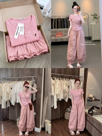 SeT981-Set hồng áo tăm mix quần bom gấu chất gió