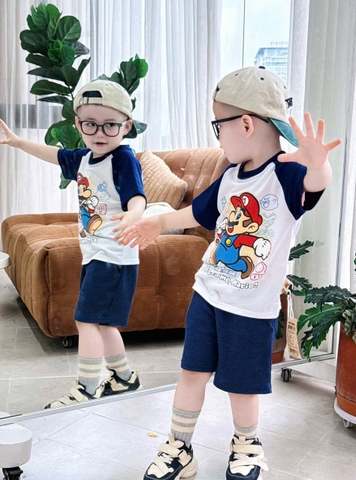 BT525- Bộ ao cotton trắng phối Mario mix quần cua tăm bé trai