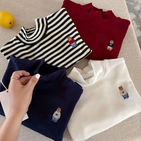 CB398-Combo 4 áo thun dài tay cao cổ bé trai thêu gấu