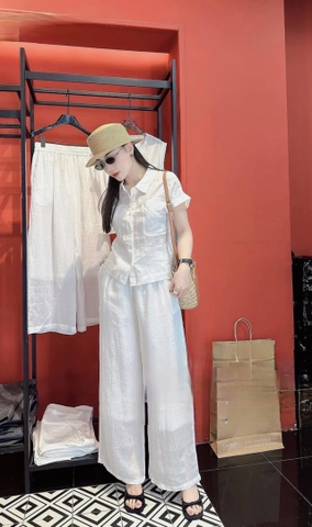 SET307-Set áo đũi trắng phối quần suông