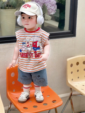 BT803-Bộ áo thun đỏ sát nách phối quần jean bébtrai TẶNG KÈM MŨ