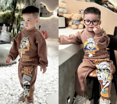 BN189-Bộ nỉ bông THỎ TAI DÀI màu nâu bé trai VNXK