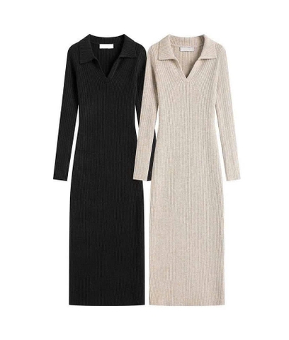 Dam186- đầm len tăm cổ đức 2 màu đen- be dáng dài 110cm