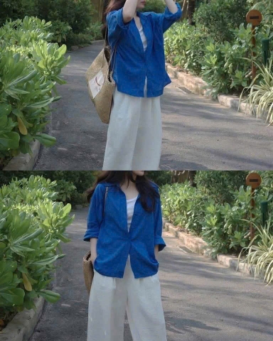 Set677-Set áo đũi xanh coban mix quần đũi màu be suông