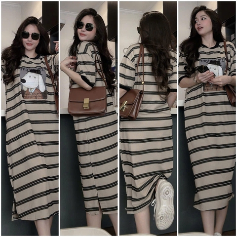 Dam164- Đầm suông cotton màu xanh rêu kẻ ngang in Cún