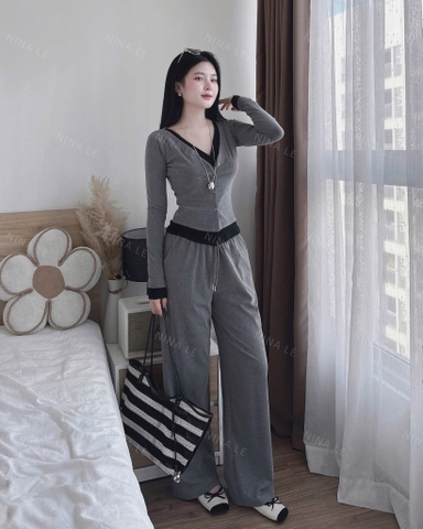 Set741- Set mặc nhà dài tay vải tăm lông xám