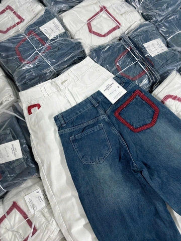 QUAN012- Quần jeans suông túi thêu đỏ 2 màu trắng,xanh