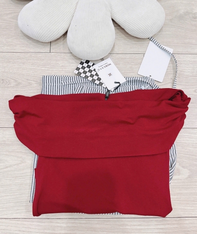 SET390-Set áo trễ vai đỏ phối quần suông kẻ