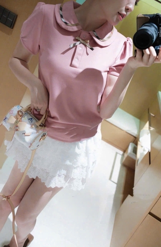 A316- Áo hồng phối kẻ nâu cổ sen chất zip