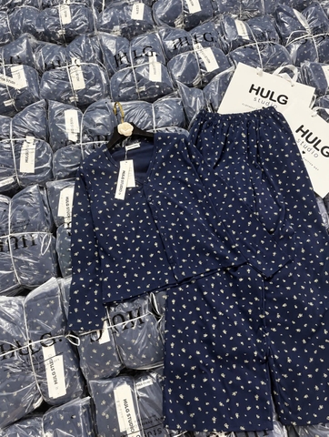 Sey1055-Set mặc nhà áo dài tăm hoa xanh than phối quần suông