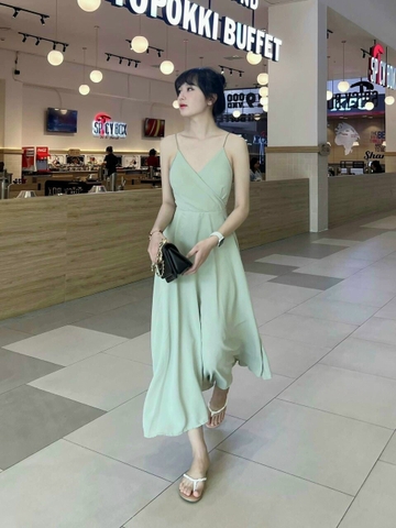 Đầm hai dây buộc nơ lưng 2 màu trắng,xanh