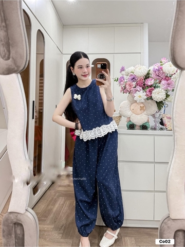 Set1036-Set áo chấm bi phối quần dài bo ống