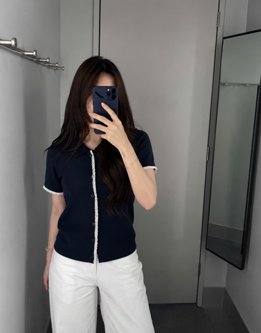 A625-Áo len  dệt kim màu xanh than phối ren Cộc tay cá hàng nhà máy đủ tem