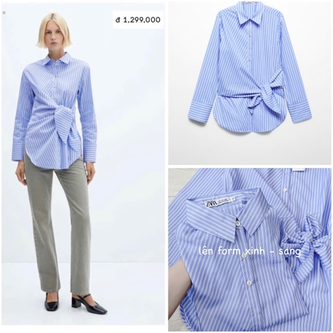 A135- ÁO sơ mi nữ kẻ xanh nơ eo