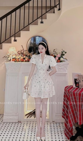 Đầm hoa cổ V xoè bèo 2 lớp