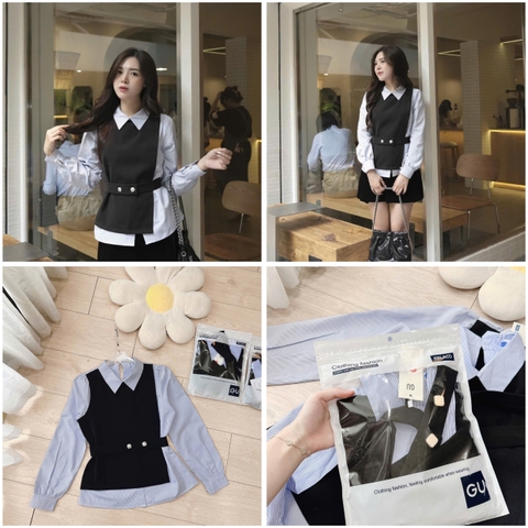 A149-Áo kiểu nữ kẻ sọc phối đai eo