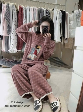 Set818- Set mặc nhà vải díp lông phối kẻ 4 màu mickey