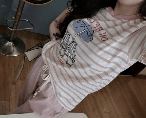 Set716- Set COAST hồng kẻ mix quần bom gió