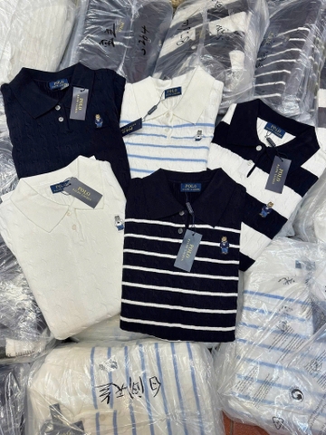 A376-Áo len cộc tay Quảng Châu cổ kẻ thêu gấu 5 màu